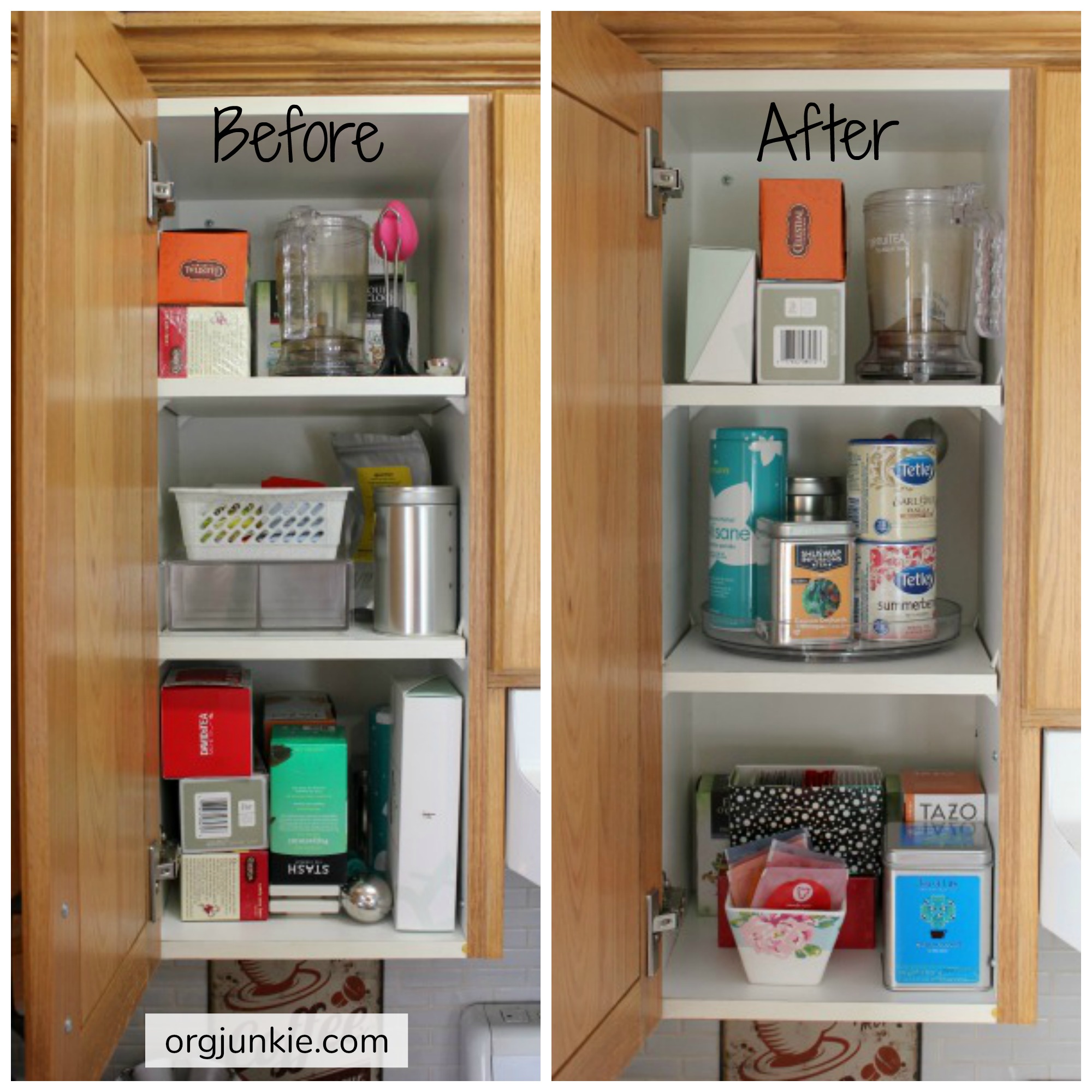 Small Organized Spaces: Tea Cabinet at I'm an Organizing Junkie. Function first always!