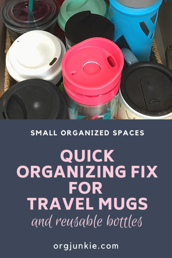 Small Organized Spaces: A Quick Organizing Fix for Reusable Water Bottles and Travel Mugs at I'm an Organizing Junkie blog