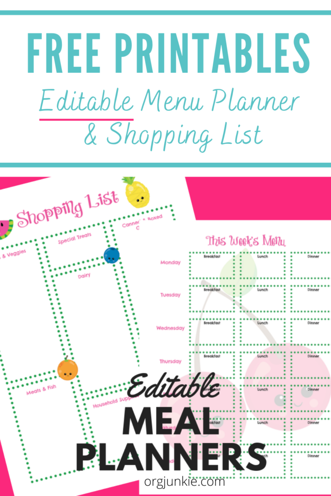 free editable menu planners